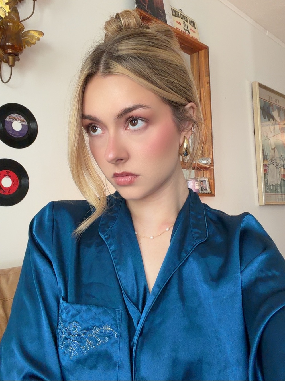 Vintage Silk Embroidered Morgan Taylor Teal Blue Button-Down Shirt